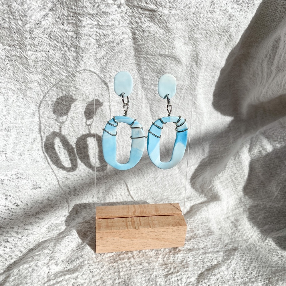 Sky Blue and White Marbled Earrings with Silver Wire Wrapped details